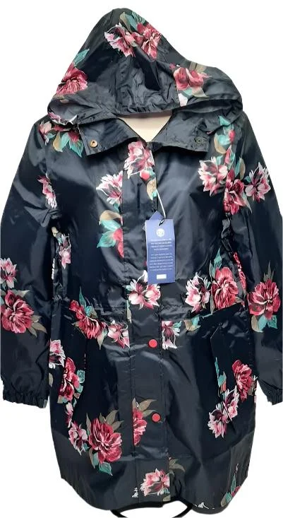 women's coat with detachable hood -Rain Coat - Navy Flower