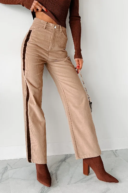 plaid trousers for women -Pablo Side Stripe Corduroy Pants (Taupe)