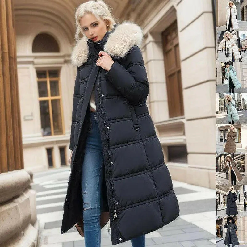 casual wool jackets for women -Winter Slim Long Jacket With Fur Hood And Belt Fashion Solid Hooded Coat Warm Clothing For Women