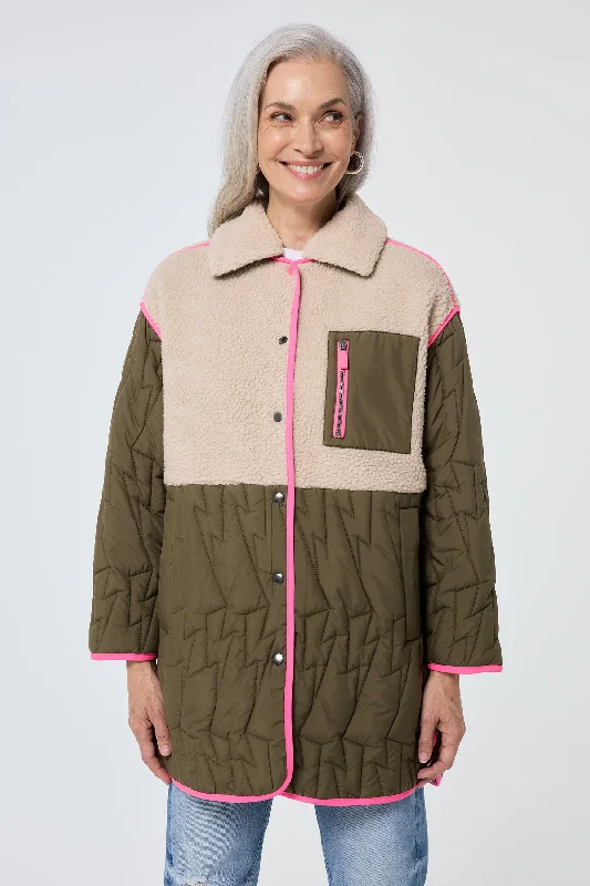 cozy winter jackets for women -Quilted Khaki Lightning Bolt with Borg Coat