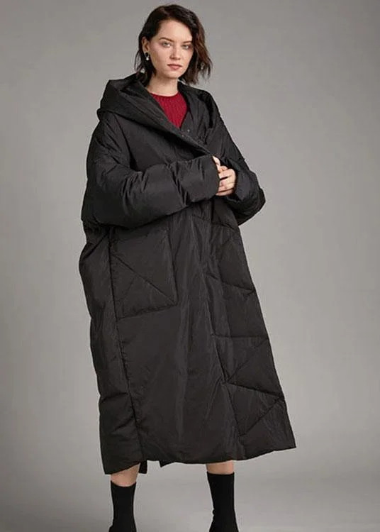 soft knit coats for women -Handmade Black hooded Pockets Loose Winter Down Coat