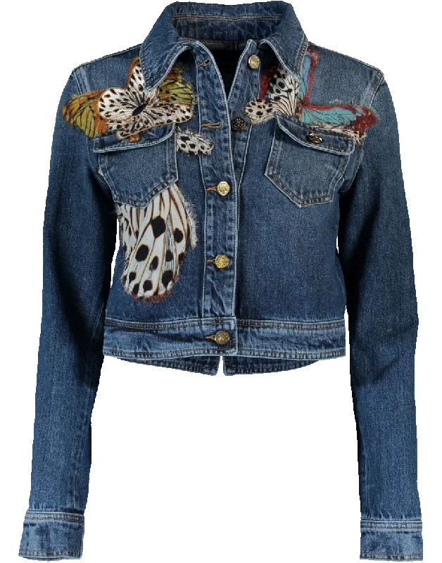 women's knitted coats -Butterfly Embroidered Jean Jacket