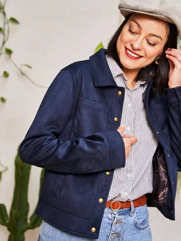 cropped jackets for women -Camille Recycled Vegan Button Up Jacket | Blue