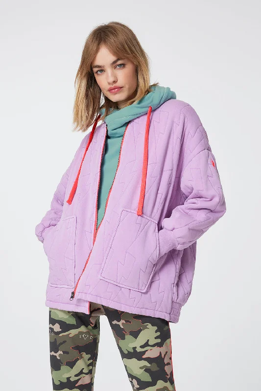 women's rain jackets -Lilac Organic Cotton Quilted Lightning Bolt Oversized Bomber Jacket