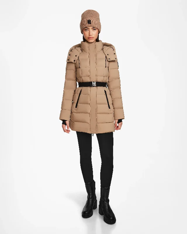 women's parkas -FRIDA M WOMEN'S MATTE BELTED MID-LENGTH DOWN PUFFER