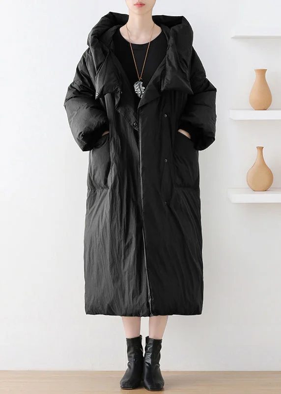 windproof jackets for women -Black Turtleneck Button Duck Down Hooded Long Down Coat Winter