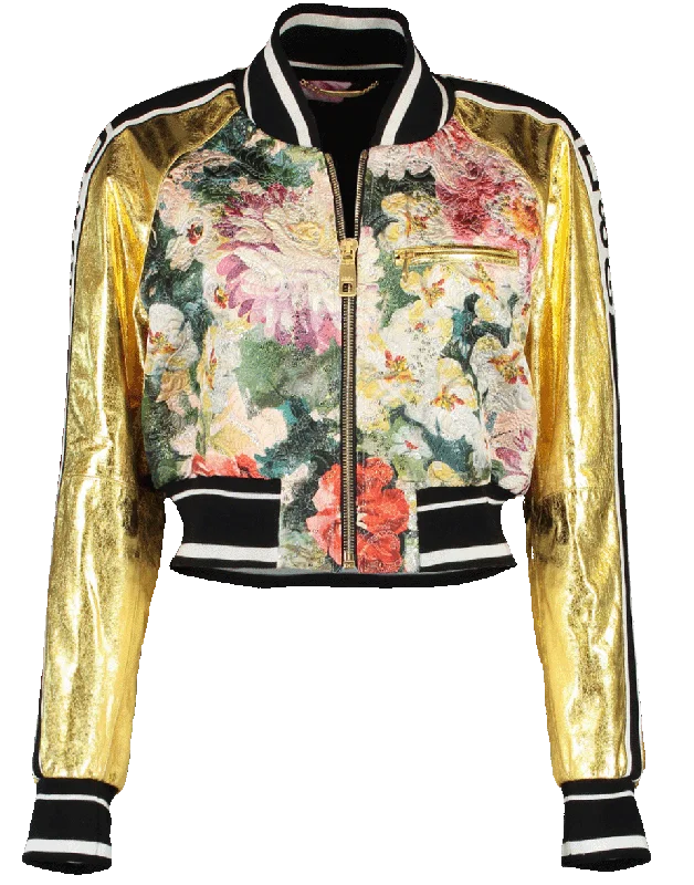 cozy winter jackets for women -Leather Brocade Cropped Jacket