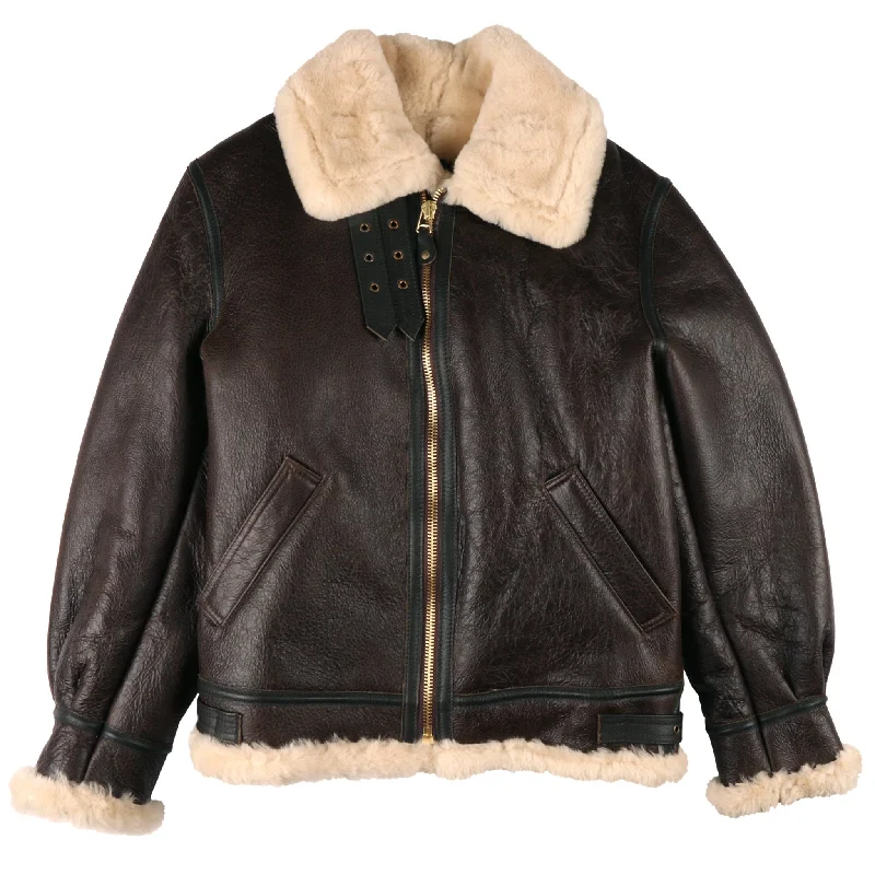 women's faux fur coats -257S - Classic B-3 Sheepskin Leather Bomber Jacket - Brown