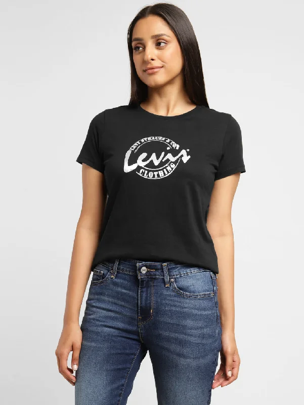 draped blouses for ladies -Women's Brand Logo Crew Neck T-shirt