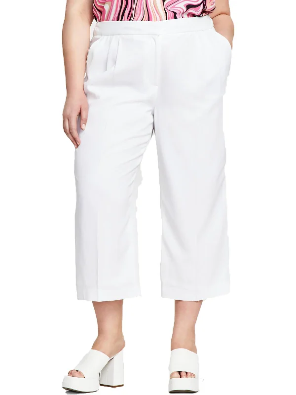 ladies' frayed jeans -Plus Womens Textured Mid Rise Wide Leg Pants