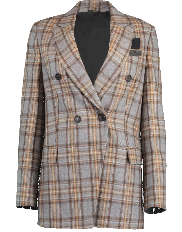 soft fleece coats for ladies -Double Breasted Flannel Plaid Jacket