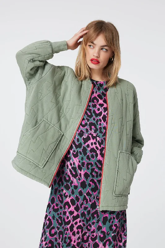 chic long jackets for women -Khaki Quilted Lightning Bolt Oversized Bomber Jacket