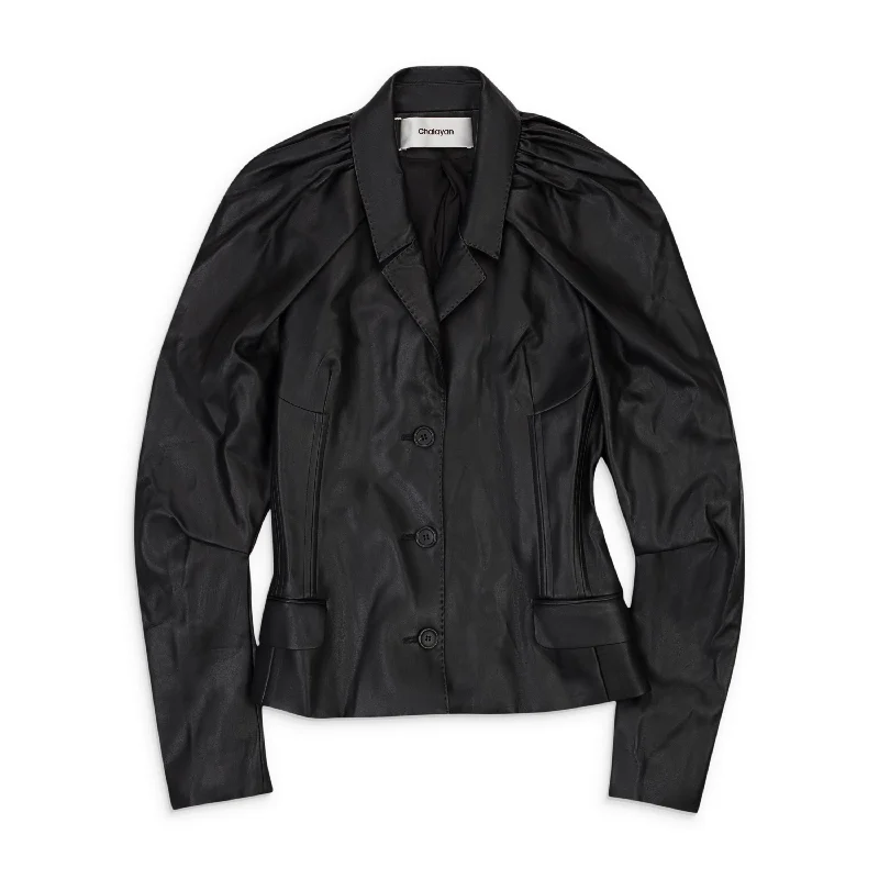 women's casual outerwear -CHALAYAN FAUX LEATHER FETISH BLACK JACKET