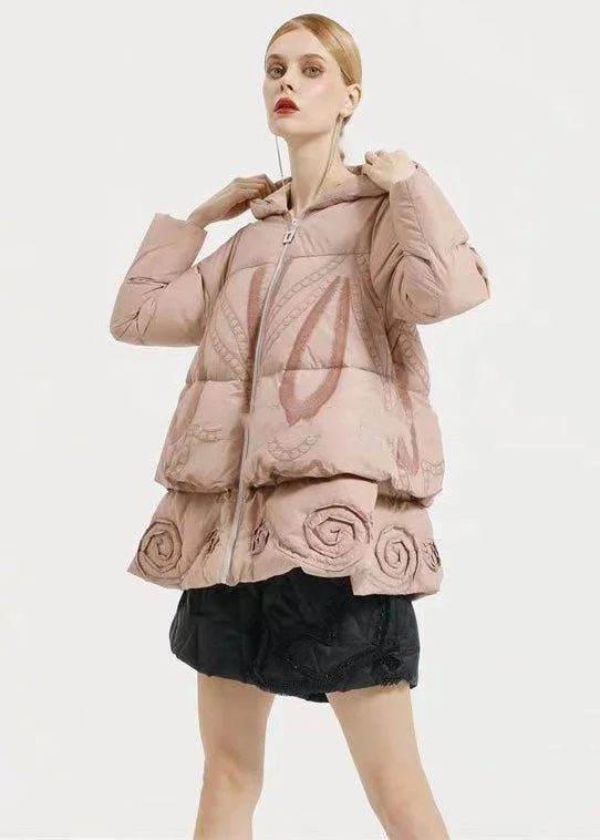 soft fleece coats for ladies -Beautiful Pink Hooded Embroidery Patchwork Duck Down Coat Winter