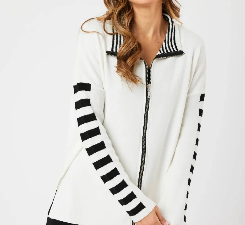 ladies' wool trench coats -Stripe Sleeve Zip Jacket In Ivory/black