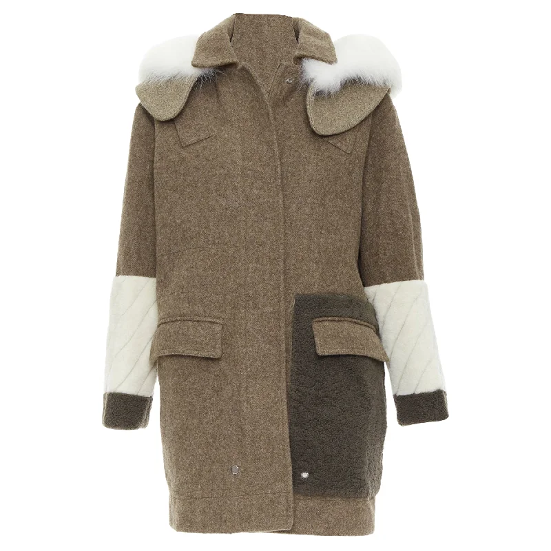 ladies' trench coat dresses -Fendi colorblocked brown wool patchwork fur hooded parka coat