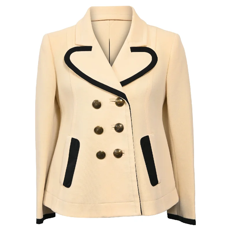 women's coat with detachable hood -Louis Vuitton Double Breasted Jacket with Black Piping in Cream Wool