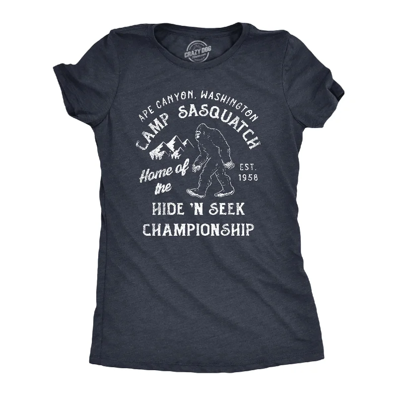 fashionable silk tops for ladies -Camp Sasquatch Home Of The Hide And Seek Championship Women's T Shirt