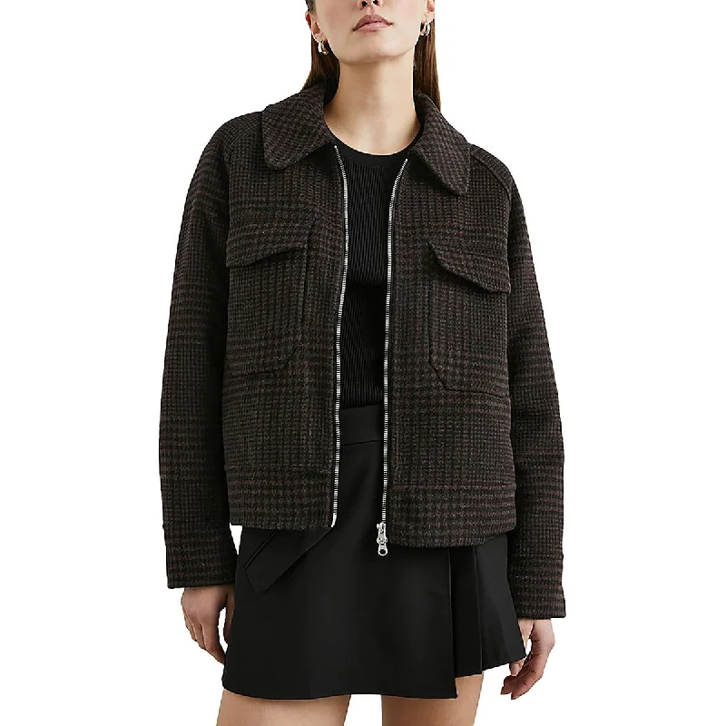 ladies' parkas with hoods -Womens Wool Blend Houndstooth Wool Coat