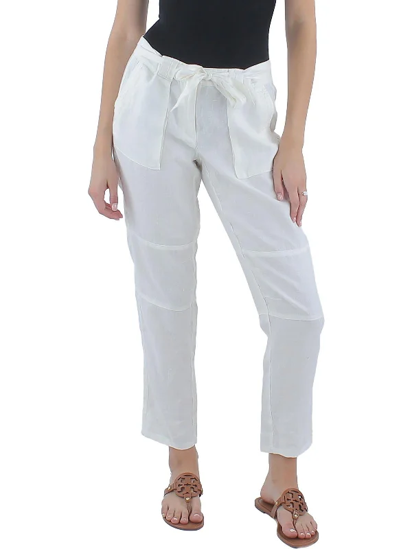 women's cargo pants -Womens Linen Belted Ankle Pants