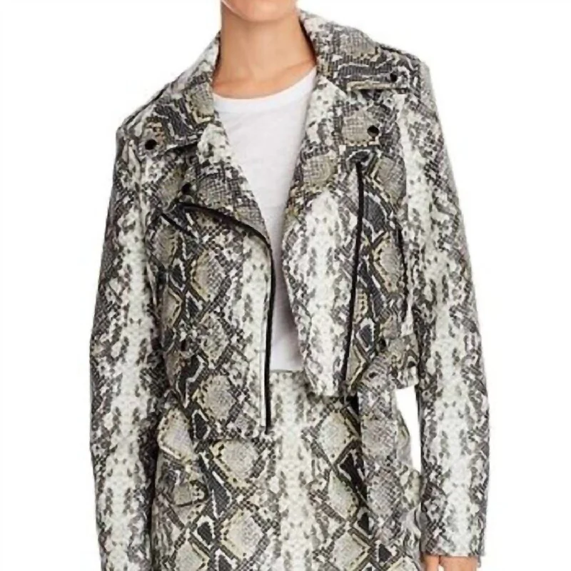 tailored winter jackets for women -Snake Print Faux Leather Moto Jacket In Gray/black