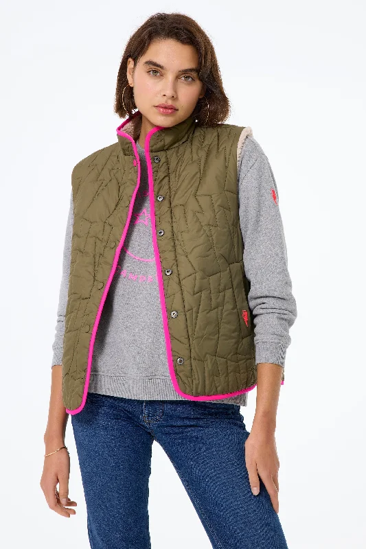 ladies' trench jackets -Khaki Reversible Quilted Lightning Bolt with Borg Gilet