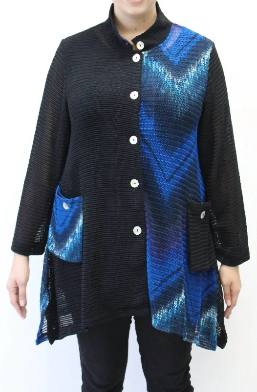 soft knit coats for women -Mandarin Loose Weave Knit Jacket - Plus In Blue & Black