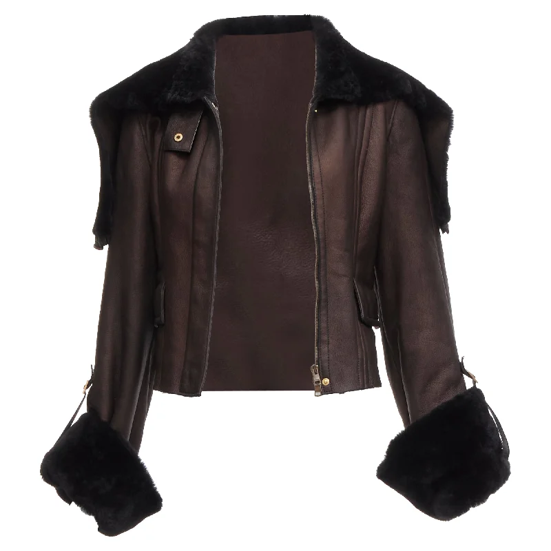 cropped jackets for women -Gucci Vintage brown leather aviator bomber jacket