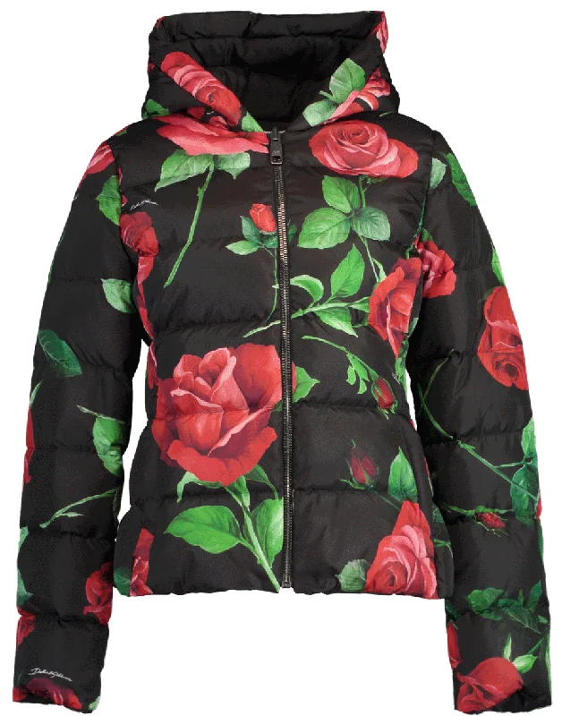 elegant coats for women -Rose Print Fitted Down Jacket with Hood