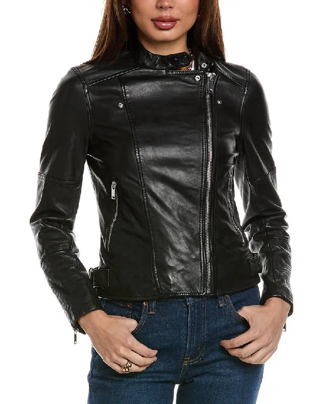 women's cardigan coats -Reiss Tallis Leather Biker Jacket