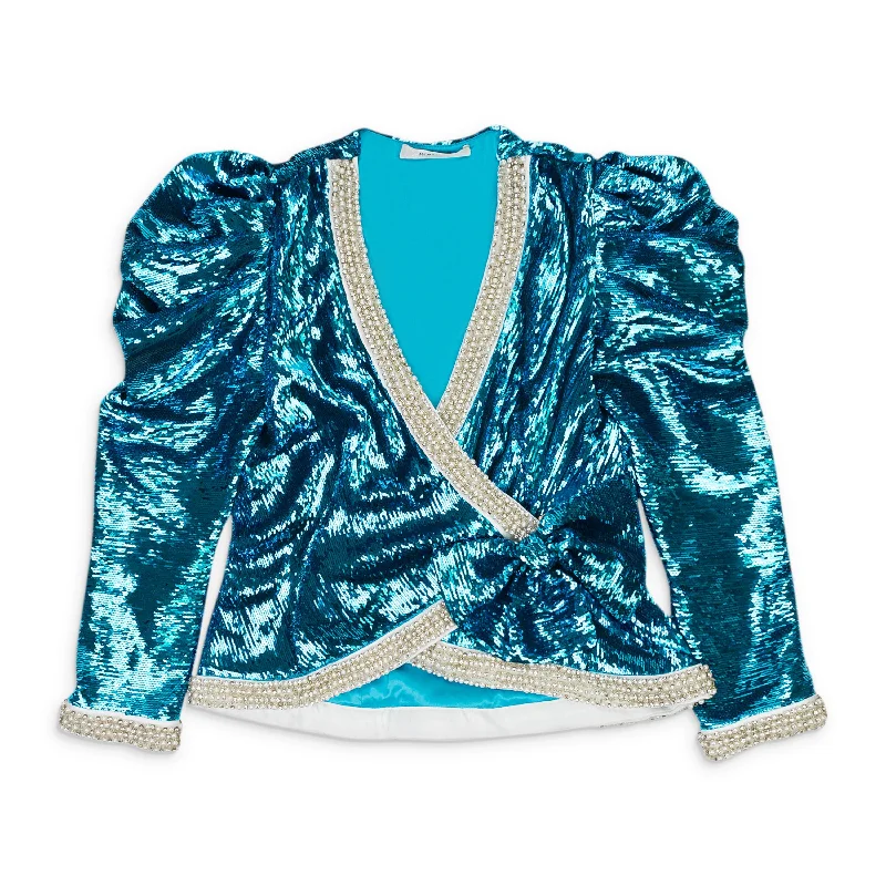 zip-up jackets for women -RODARTE SEQUINED TEAL WRAP JACKET