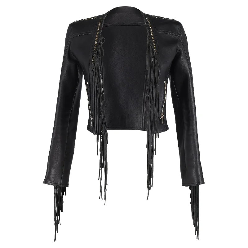 vintage-style coats for women -Balmain Fringe Cropped Jacket in Black Leather