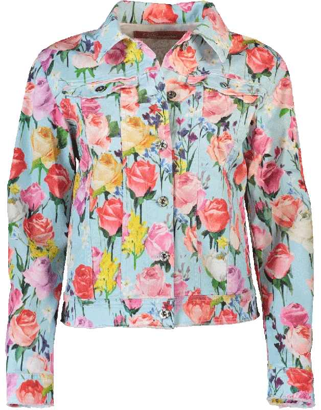 wool blend coats for women -Floral Denim Jacket