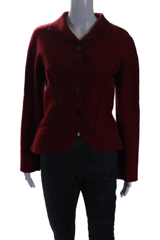 ladies' suede jackets -Balmain Womens Wool Collared Long Sleeve Button Up Jacket Red