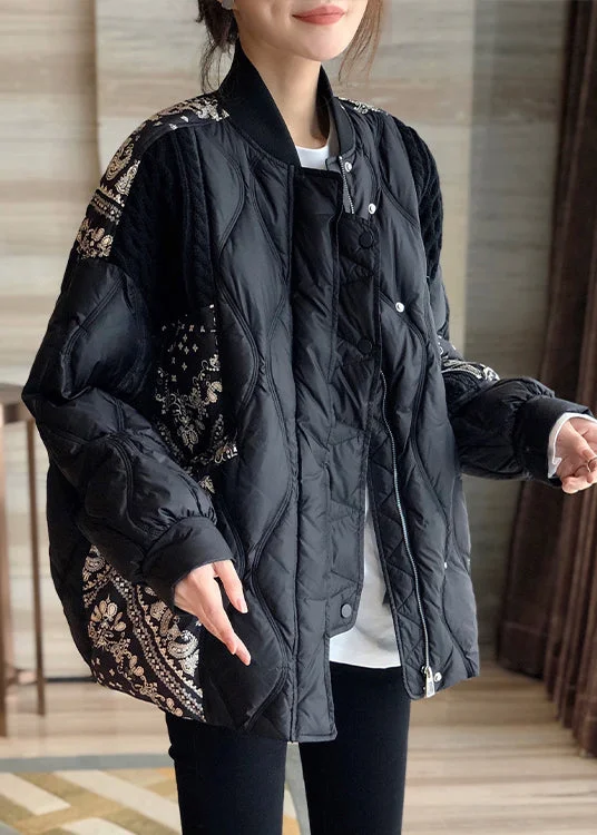 spring jackets for women -Art Black Stand Collar Print Patchwork Zippered Button Duck Down Down Coat Winter