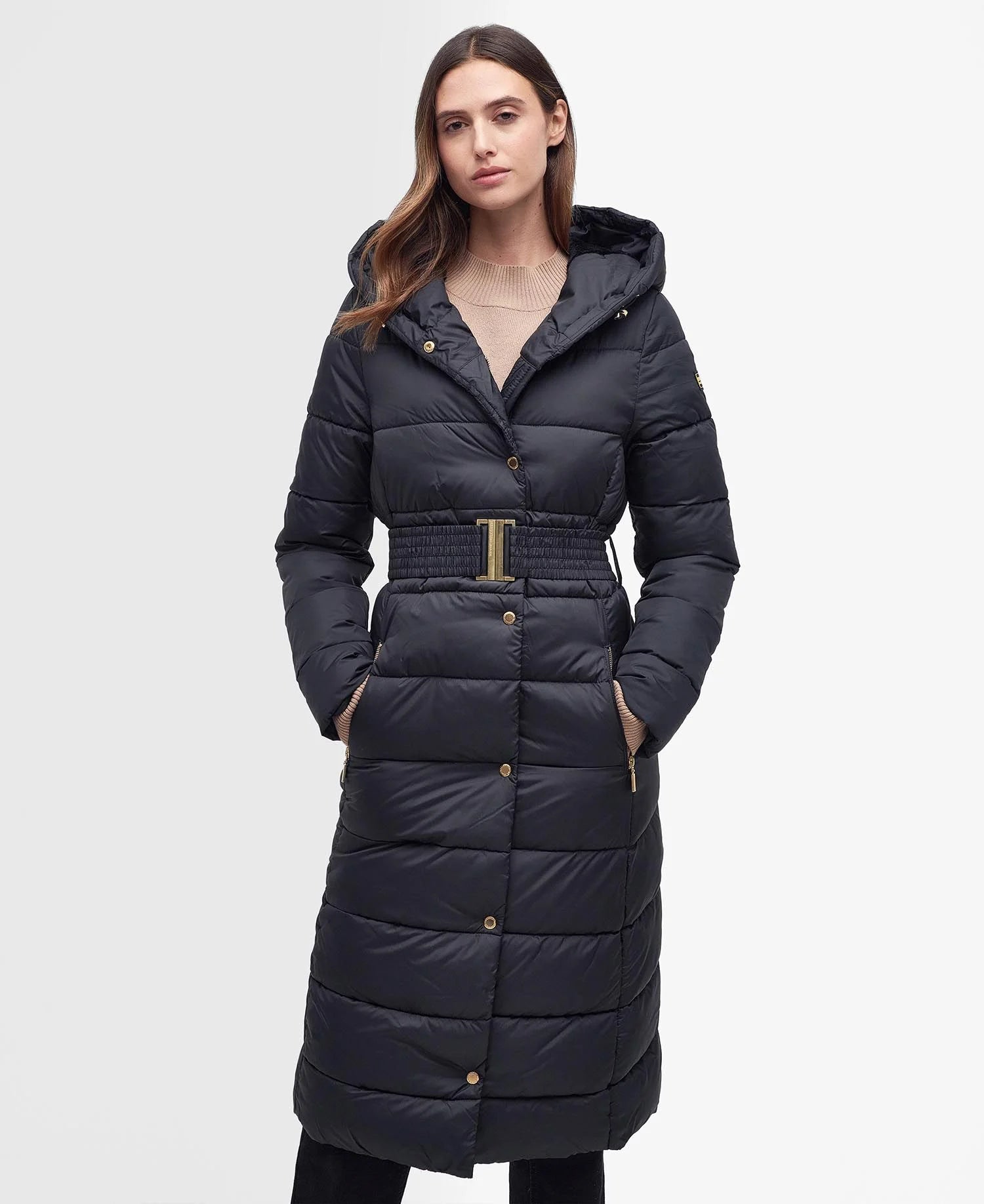 women's short puffer coats -Barbour International Track Line Puffer Coat - Black