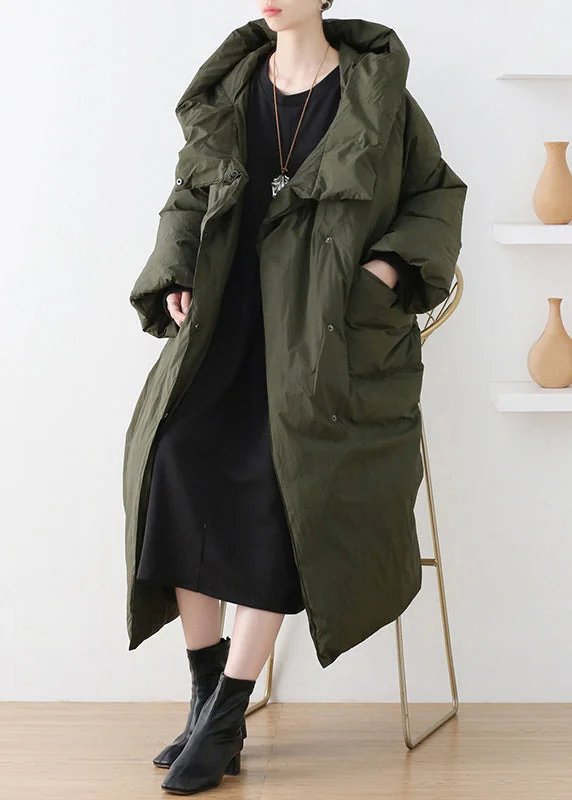 cozy parkas for women -Casual Army Green Turtleneck Zippered Duck Down Hooded Long Down Coat Winter