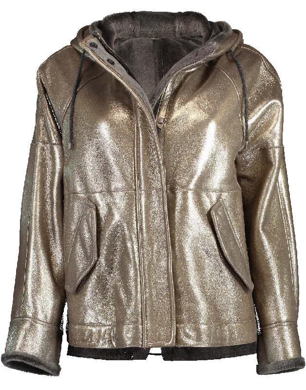 elegant puff jackets for women -Metallic Shearling Hooded Jacket