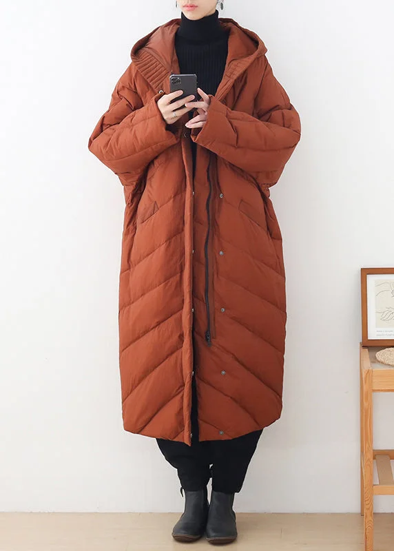 ladies' wool coats -Casual Caramel Zippered Button Pockets Hooded Down Coat Long Sleeve