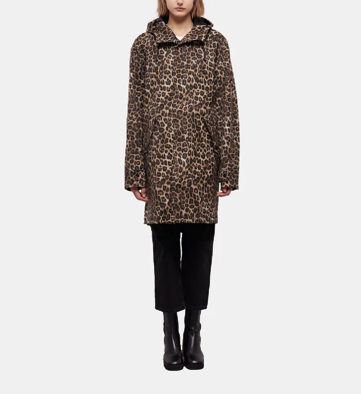 soft fleece coats for ladies -Long Parka With Leopard Print Hood