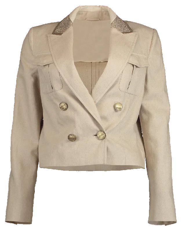 women's casual outerwear -Cropped Linen Paillette Collar Jacket