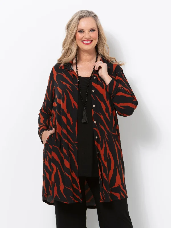 women's fleece-lined coats -Tarnished Tiger Long Line Shirt Jacket