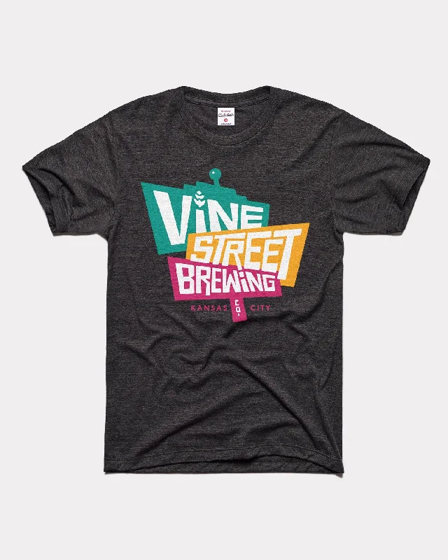 off-duty casual tops for ladies -Vine Street Brewing Vintage Black Logo T-Shirt