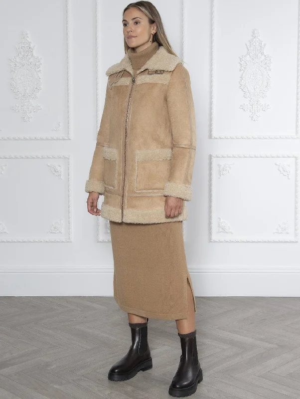 plaid coats for women -Weekend Vivien Panelled Recycled Vegan Shearling Coat | Tan