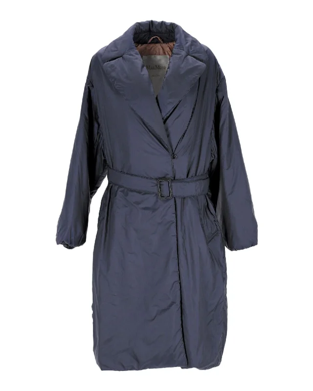 reversible jackets for women -Midnight Blue Water-Resistant Belted Coat with Insulating Padding