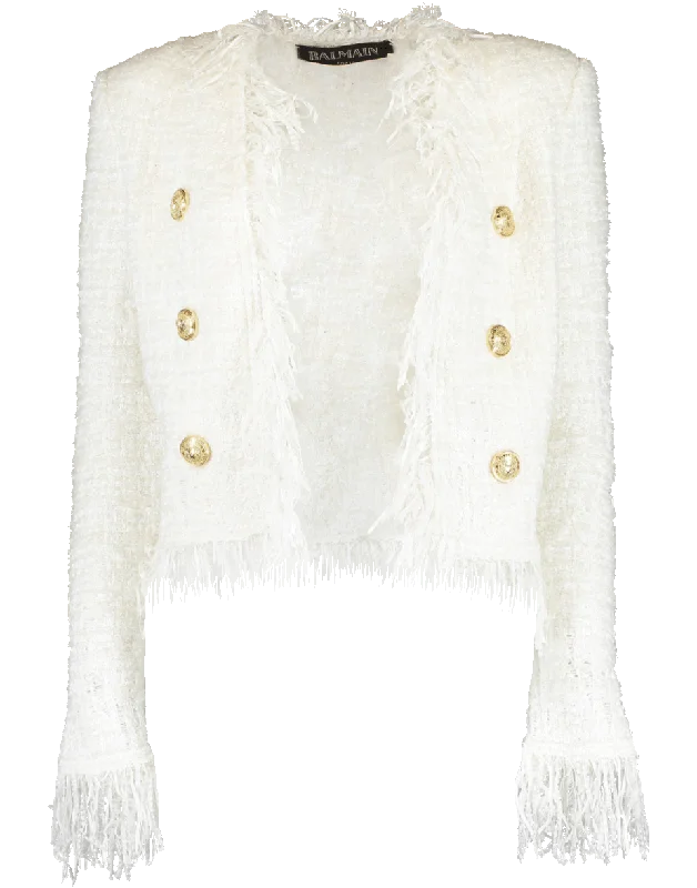 plaid coats for women -White Collarless Fringe Tweed Jacket