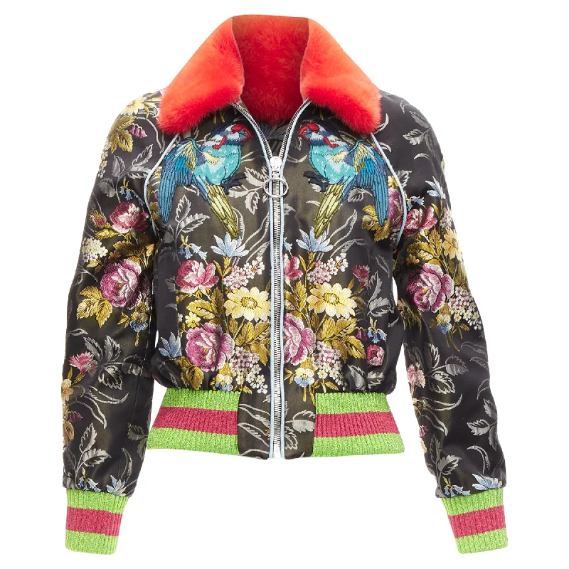 shearling coats for ladies -Gucci Floral Jacquard Mink Fur Collar Bomber Jacket