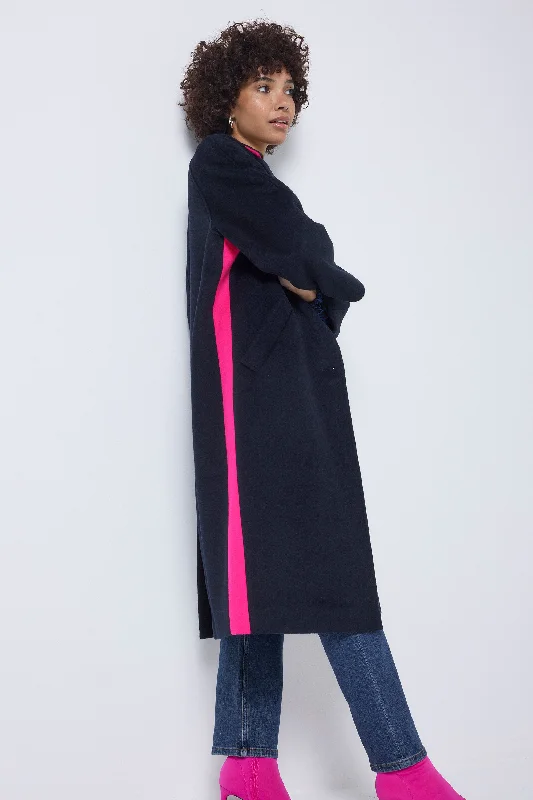 ladies' suede jackets -Navy with Neon Pink Wool Blend Coat