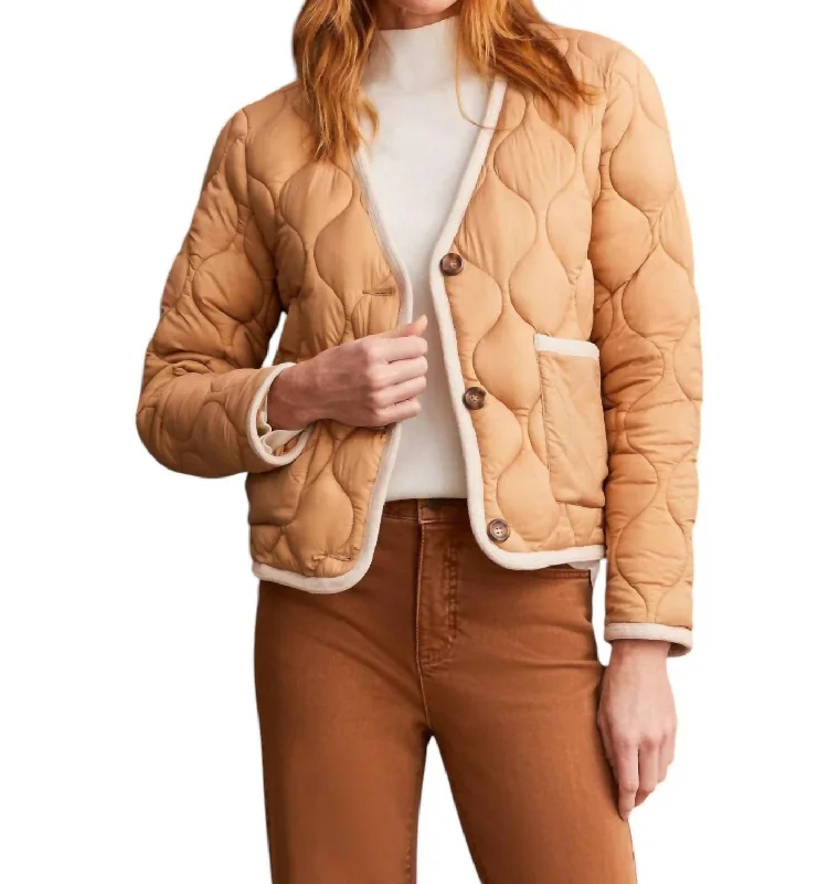 puffer coats for women -Button Front Puffer Jacket In Tan