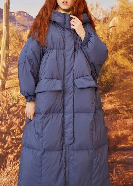 long coats for women -Casual Navy Hooded Pockets Duck Down Winter down coat